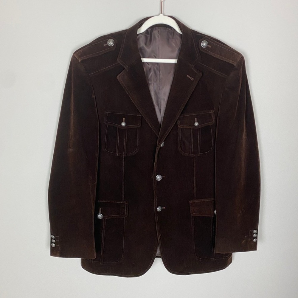 Inserch Velvet Military Blazer Sport Jacket Mens XL Brown Y2K Classic